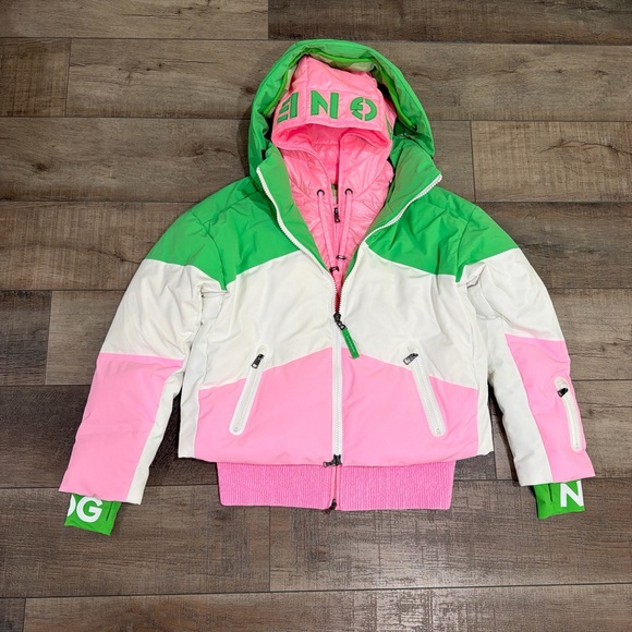 Bogner Vila quilted down ski jacket in pink and green - Picture 4 of 14